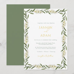 Elegante witte bloemige groene bruiloft kaart