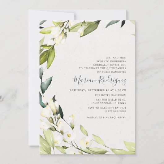 Elegante witte bloemige groene krans Quinceañera Kaart (Voorkant)