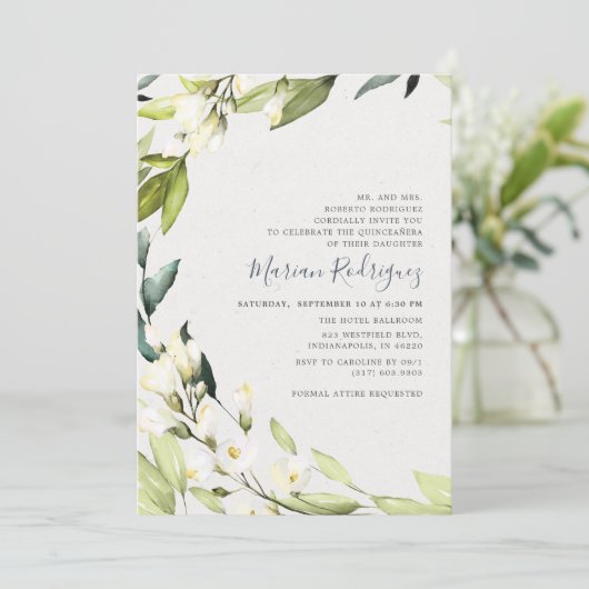 Elegante witte bloemige groene krans Quinceañera Kaart (Staand voorkant)