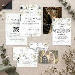 Elegante Witte Bloemige Groene QR Code Trouw Uitno Kaart