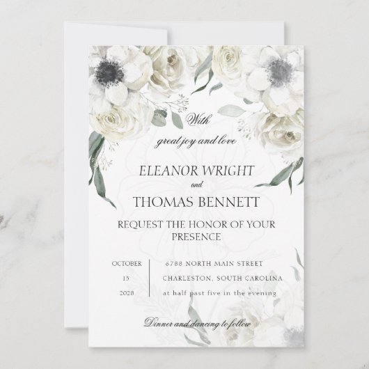 Elegante Witte Bloemige Groene QR Code Trouw Uitno Kaart (Voorkant)