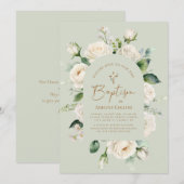 Elegante witte bloemige ouderdom salie doop kaart (Voorkant / Achterkant)