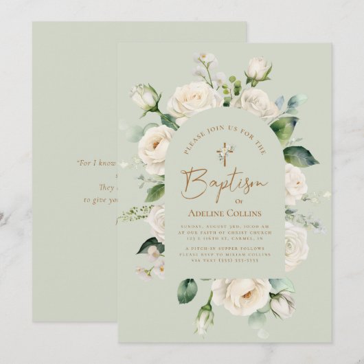 Elegante witte bloemige ouderdom salie doop kaart (Voorkant / Achterkant)