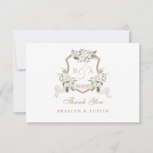 Elegante Witte Bloemige Salie Groene Trouw Crest Bedankkaart (Voorkant)