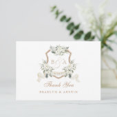 Elegante Witte Bloemige Salie Groene Trouw Crest Bedankkaart (Staand voorkant)
