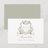 Elegante Witte Bloemige Salie Groene Trouw Crest Bedankkaart (Voorkant / Achterkant)