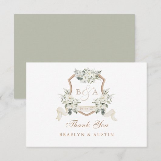 Elegante witte bloemige saliegroene huwelijks cres bedankkaart (Voorkant / Achterkant)