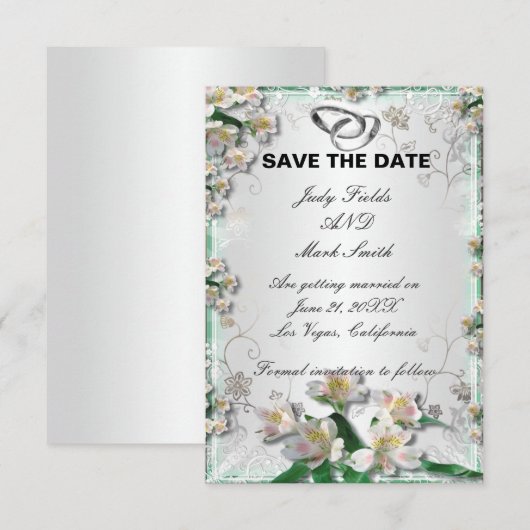 Elegante witte bloemige Save The Date kaart (Voorkant / Achterkant)