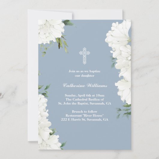 Elegante witte bloemige stoffige blauwe doop kaart (Voorkant)