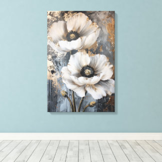 Elegante witte bloemige wandkunst met gouden accen canvas afdruk