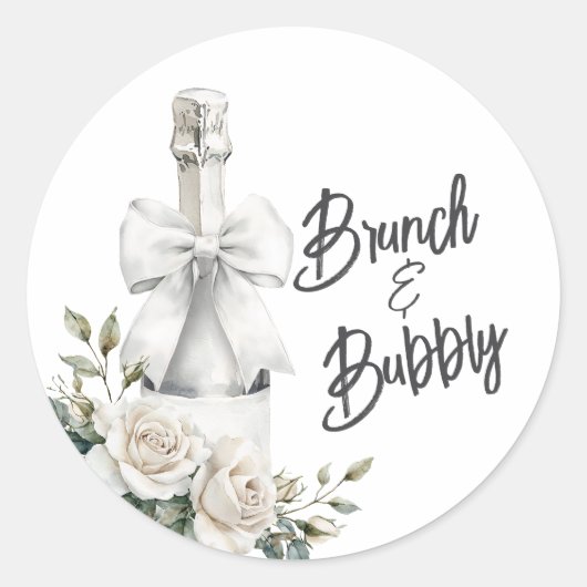 Elegante witte bloemrijke brunch- en bubbelsticker ronde sticker (Voorkant)