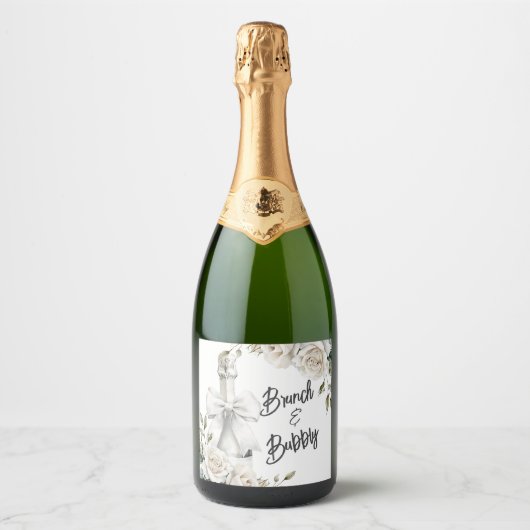 Elegante witte bloemrijke brunch- en bubbelsticker sparkling wijnetiket (Voorkant)