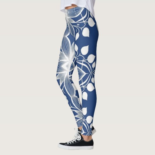 Elegante Witte Bloemstof Patroon op Deep Blue Leggings (Links)