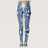 Elegante Witte Bloemstof Patroon op Deep Blue Leggings (Voorkant)