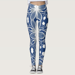 Elegante Witte Bloemstof Patroon op Deep Blue Leggings