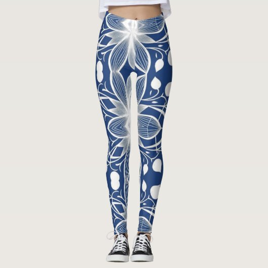 Elegante Witte Bloemstof Patroon op Deep Blue Leggings (Voorkant)