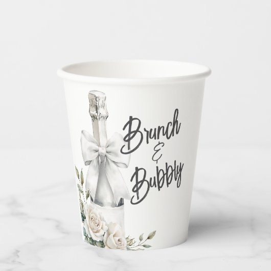 Elegante witte bloemstuk brunch en bubbels sticker papieren bekers (Voorkant)