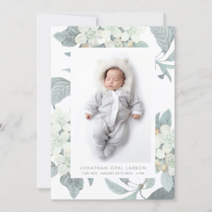 Elegante witte bloesem bloem fotolijst geboorte aankondiging