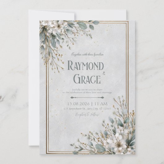 Elegante witte bloesem en gouden Lijst bruiloft Kaart (Voorkant)