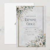 Elegante witte bloesem en gouden Lijst bruiloft Kaart (Voorkant / Achterkant)