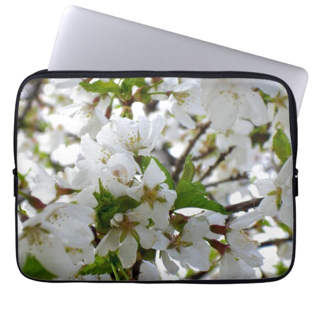 Elegante witte bloesem foto laptop sleeve (Voorkant)