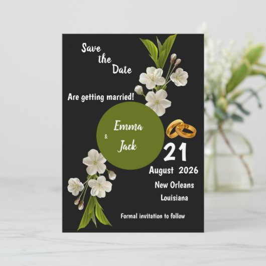 Elegante witte bloesemtak Save the Date bloem (Staand voorkant)