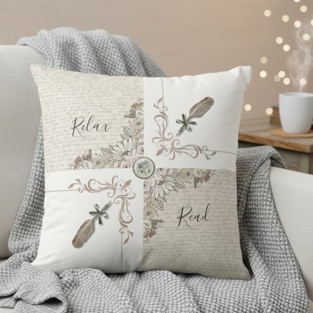 Elegante Witte Boekachtige Veer Thuis Decor Lezen Kussen (Cozy up with a unique vintage style home decor throw pillow)