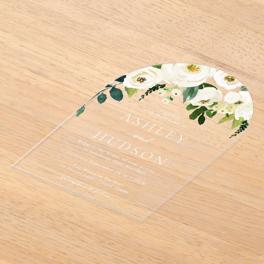 Elegante witte botanische trouwboog acryl uitnodigingen (Laagn)