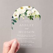 Elegante witte botanische trouwboog acryl uitnodigingen