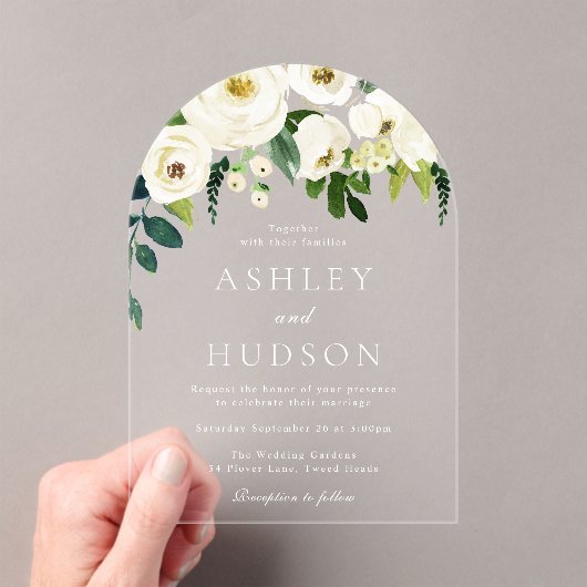 Elegante witte botanische trouwboog acryl uitnodigingen (Insitu (Draagbaar))