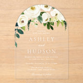 Elegante witte botanische trouwboog acryl uitnodigingen (Voorkant)