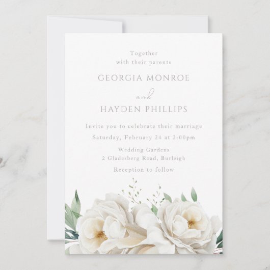 Elegante witte bruiloft bloemen bruiloft uitnodigi kaart (Voorkant)