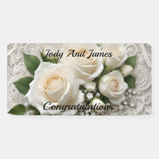 Elegante witte bruiloft kant en Rozen, Spandoek (Horizontaal)