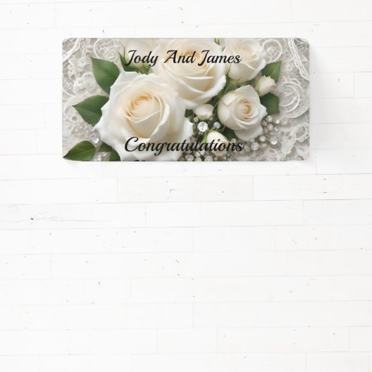 Elegante witte bruiloft kant en Rozen, Spandoek (Insitu)