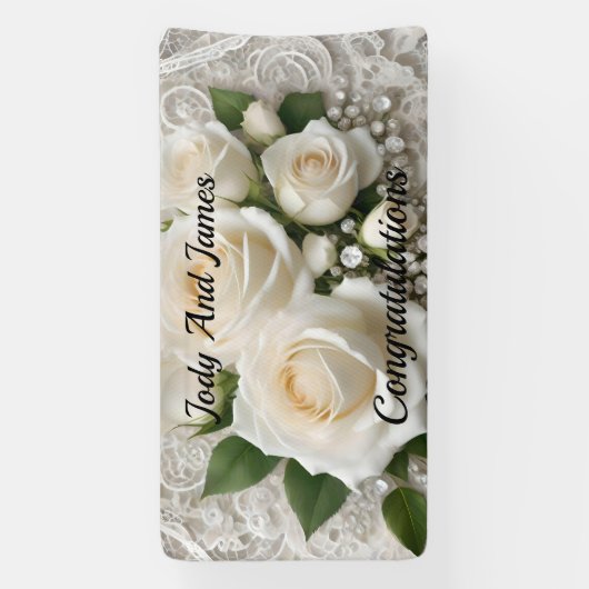 Elegante witte bruiloft kant en Rozen, Spandoek (Verticaal)