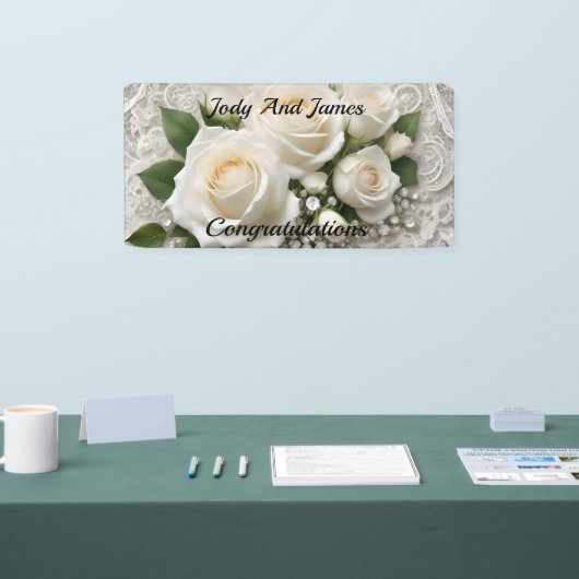 Elegante witte bruiloft kant en Rozen, Spandoek (Beurs)