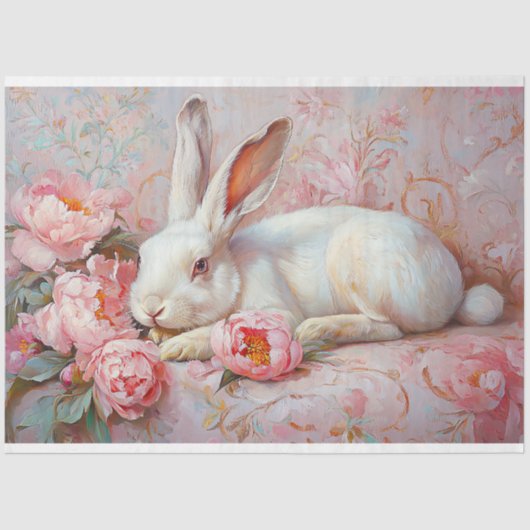 Elegante Witte Bunny & Roze Pioenen Decoupage Tissuepapier (Voorkant)