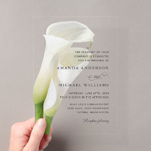 Elegante Witte Calla Lelie Bloem Bruiloft Acryl Uitnodigingen