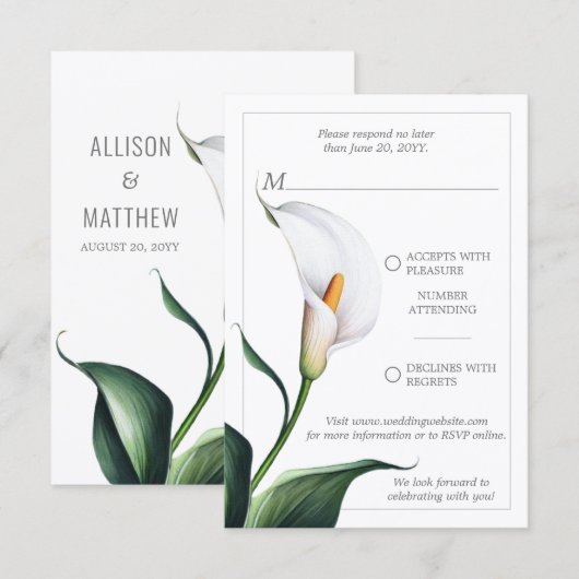 Elegante witte Calla lelie bruiloft RSVP Kaartje (Voorkant / Achterkant)