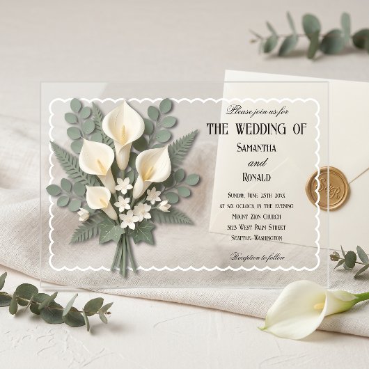 Elegante witte Calla-lelies Acryl bruiloft Uitnodigingen