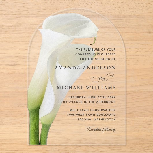 Elegante witte Calla lelies bloemenbruiloft Acryl Uitnodigingen (Voorkant)