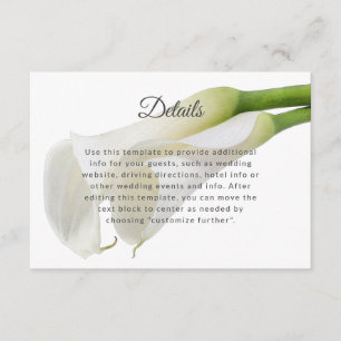 Elegante witte Calla Lilies Bruiloft Details Info Informatiekaartje