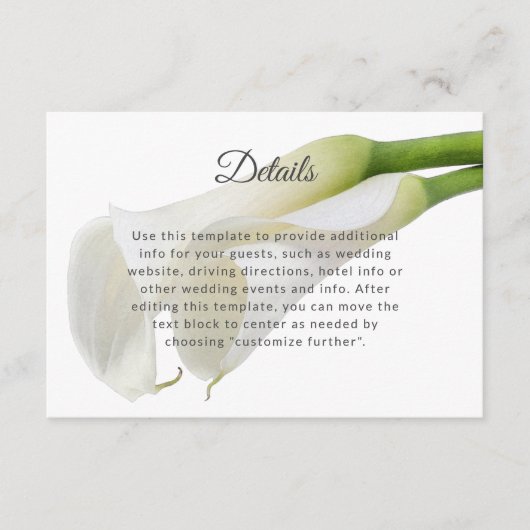 Elegante witte Calla Lilies Bruiloft Details Info Informatiekaartje (Voorkant)