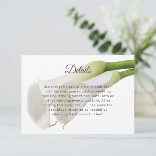 Elegante witte Calla Lilies Bruiloft Details Info Informatiekaartje (Staand voorkant)