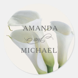 Elegante witte Calla Lilies gepersonaliseerd Ronde Sticker