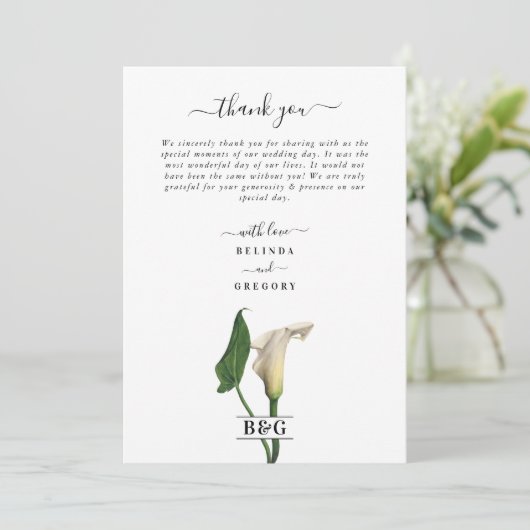 Elegante witte Calla Lily Groene Botanische Bruilo Bedankkaart (Staand voorkant)