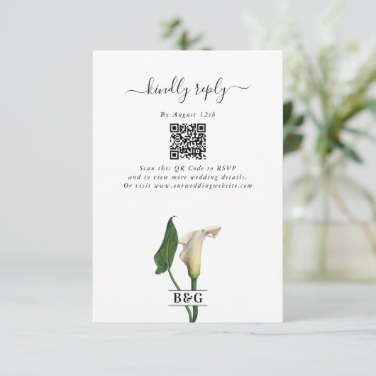 Elegante witte Calla Lily Groene Botanische Bruilo Informatiekaartje (Staand voorkant)