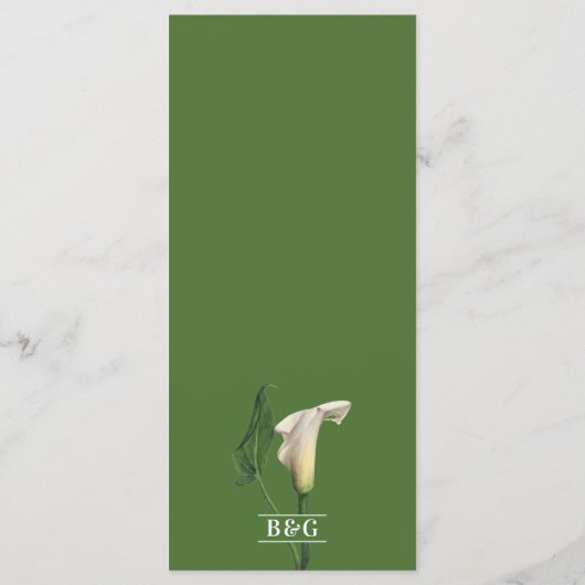 Elegante witte Calla Lily Groene Botanische Bruilo Menu (Achterkant)