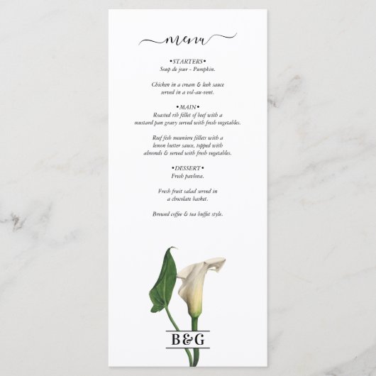 Elegante witte Calla Lily Groene Botanische Bruilo Menu (Voorkant)