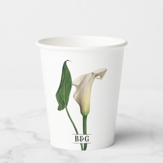Elegante witte Calla Lily Groene Botanische Bruilo Papieren Bekers (Achterkant)